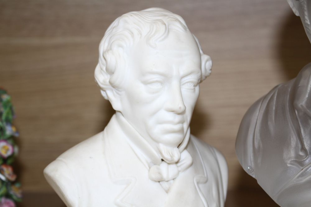 A glass bust of Prince Albert by F & C Osler, inscribed to base, 26cm and a parian bust of Disraeli (2)